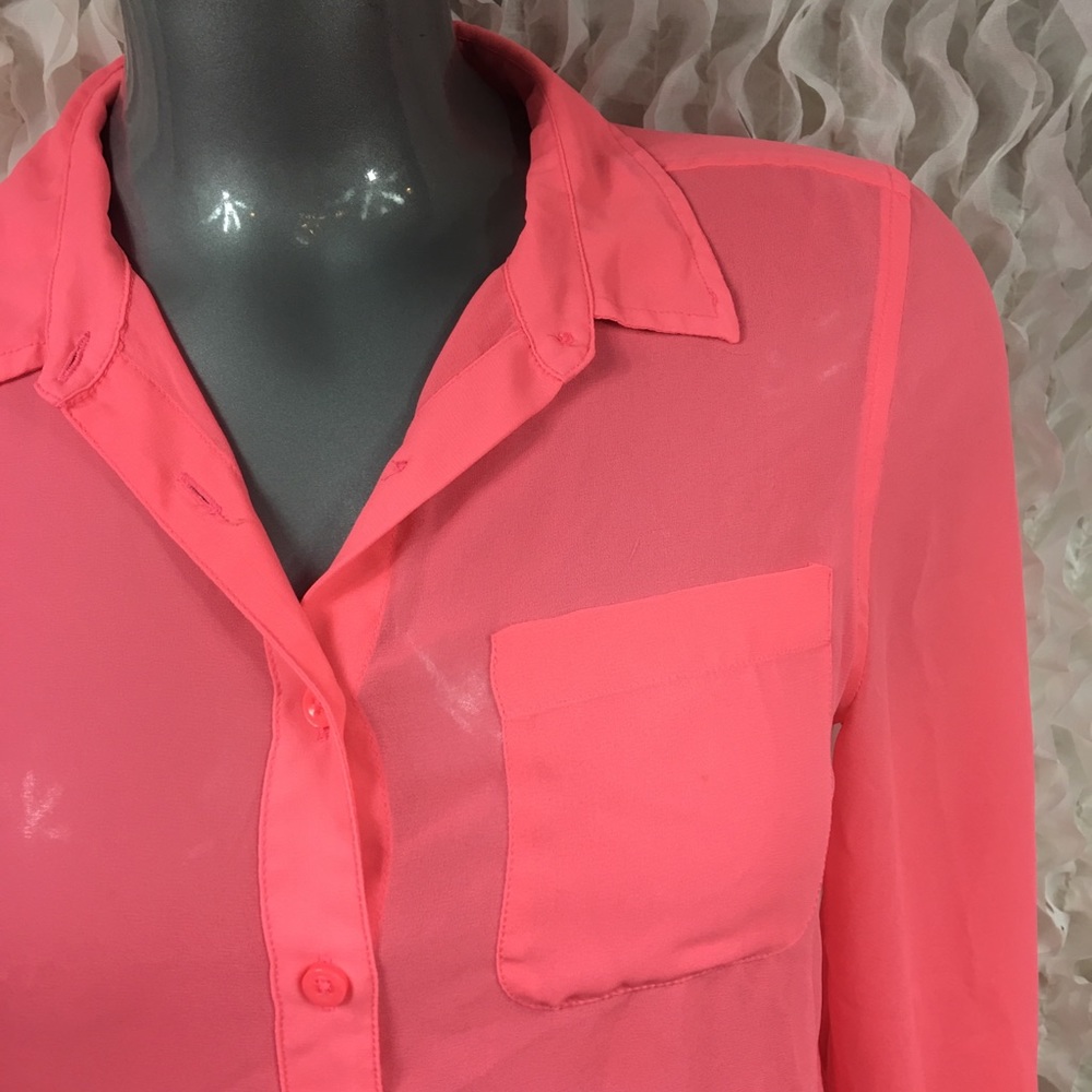 AMERICAN EAGLE | Bright Coral Sheer Button Blouse - Picture 2 of 6